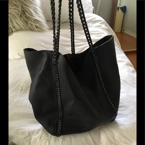 Black Faux Leather Satchel With Chain Straps